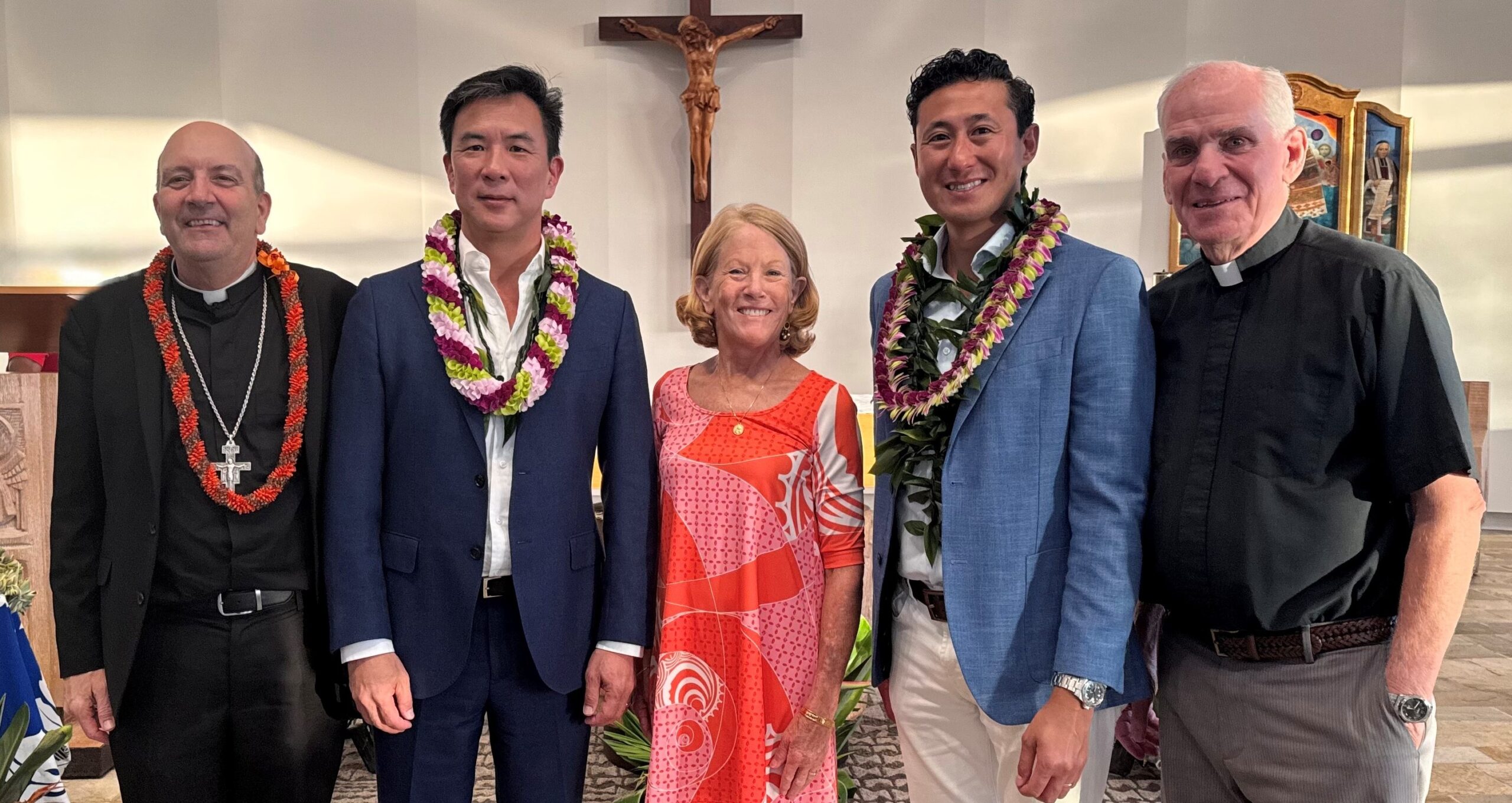 Bishop Michael Castori, Louis Kim, President Lynn Babington, Kyle Ballarta, Fr. Martin Solma crop